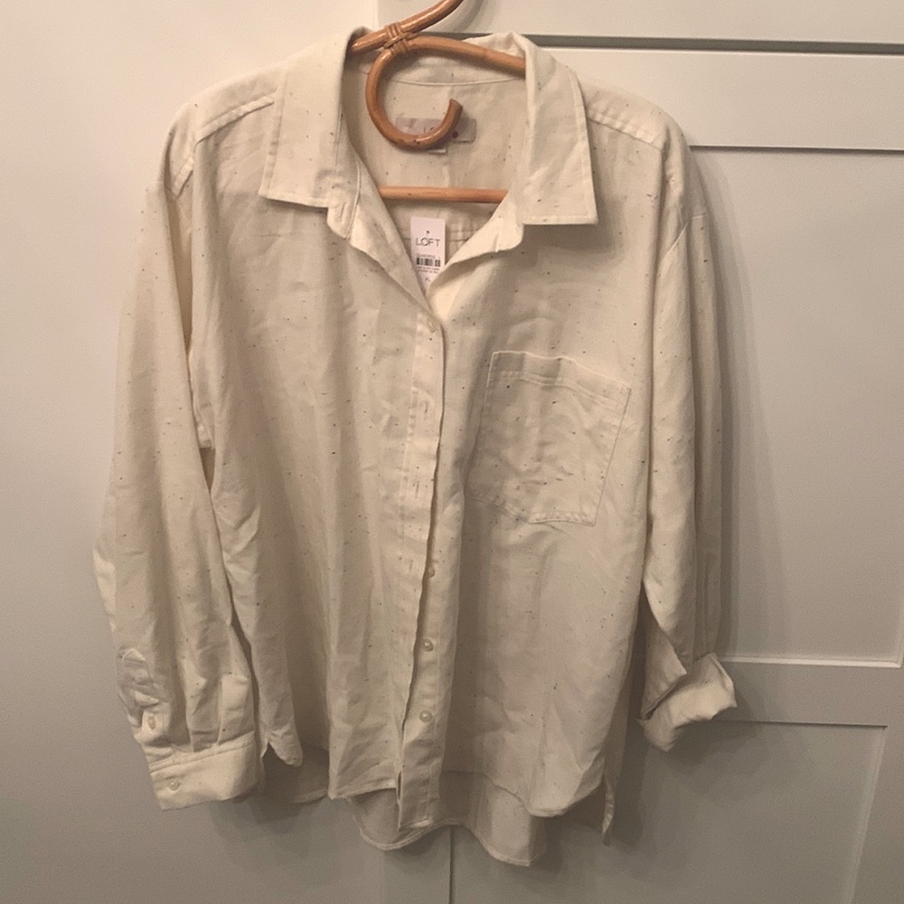 LOFT button down long sleeve blouse with colored speckles on beige size XL - Picture 2 of 15